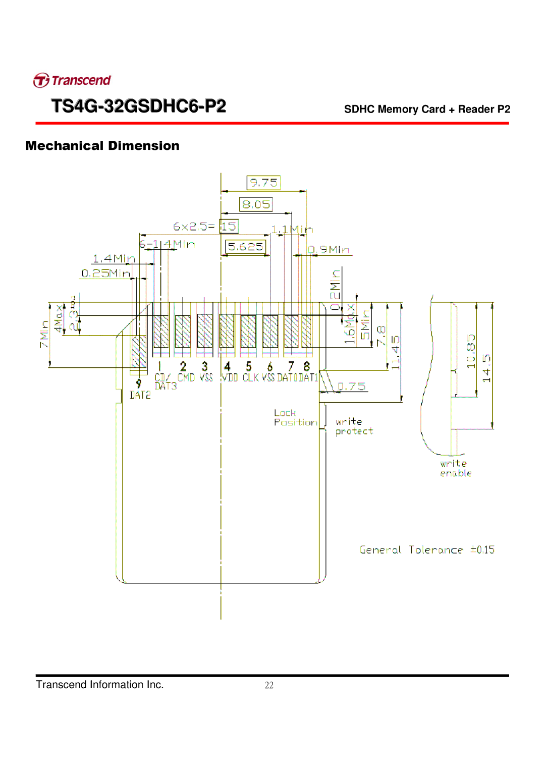 Transcend Information TS4G-32GSDHC6-P2 manual Mechanical Dimension 