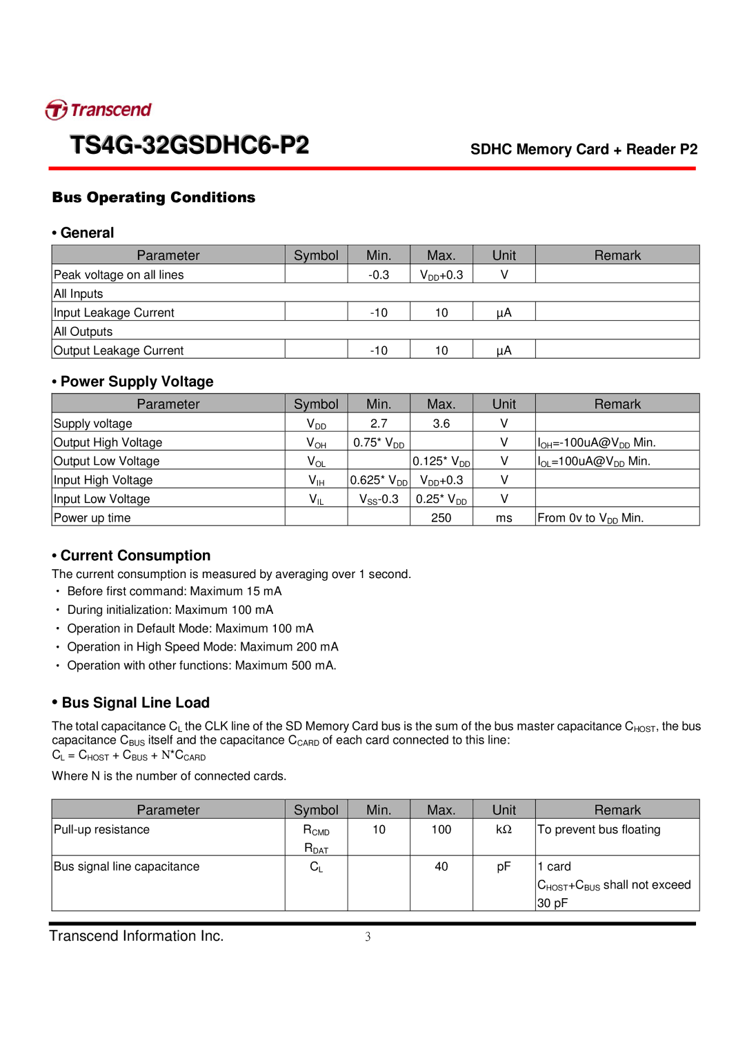 Transcend Information TS4G-32GSDHC6-P2 manual General, Power Supply Voltage, Current Consumption, Bus Signal Line Load 