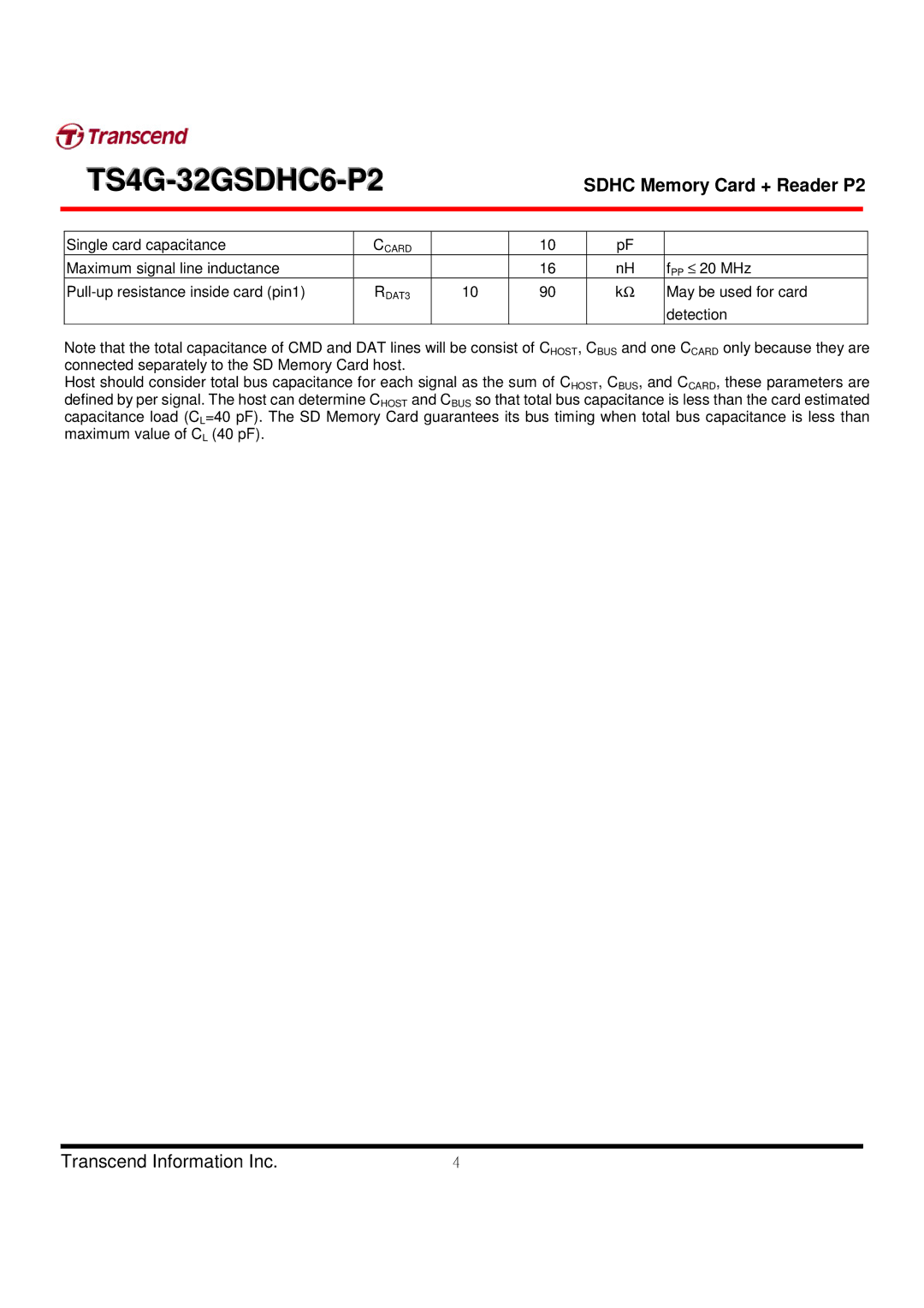 Transcend Information TS4G-32GSDHC6-P2 manual Single card capacitance 