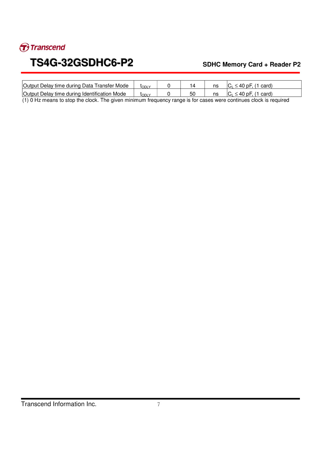 Transcend Information TS4G-32GSDHC6-P2 manual Output Delay time during Data Transfer Mode 