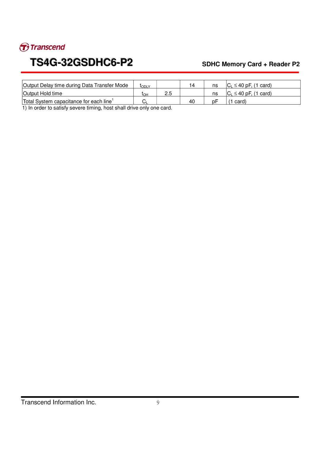 Transcend Information TS4G-32GSDHC6-P2 manual Output Hold time 