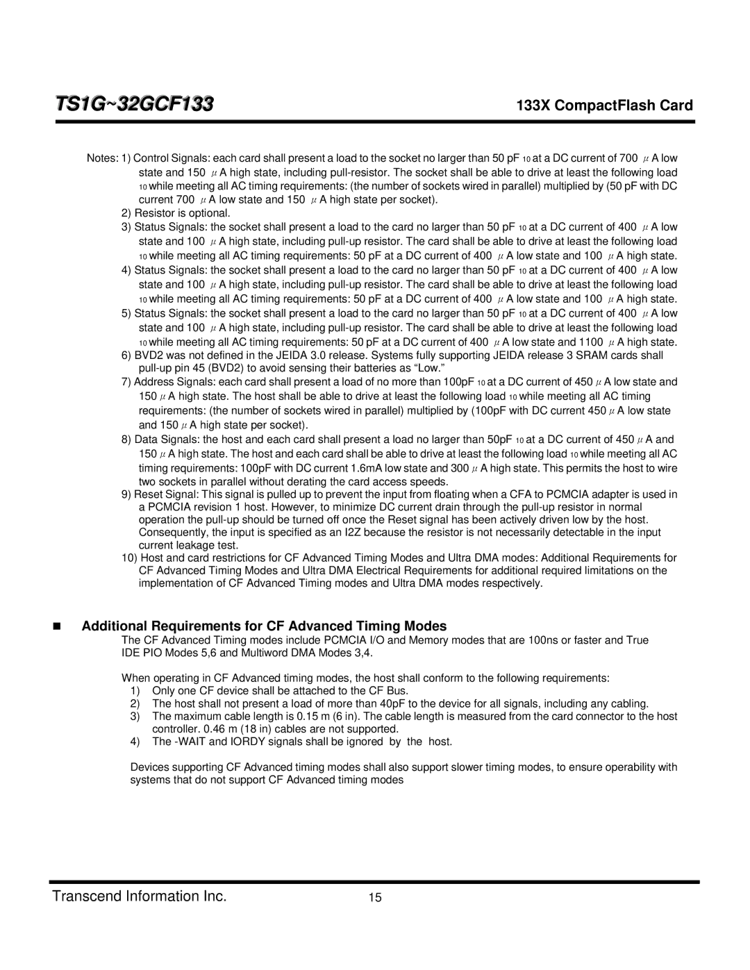 Transcend Information TS8GCF133, TS4GCF133 Additional Requirements for CF Advanced Timing Modes, Resistor is optional 