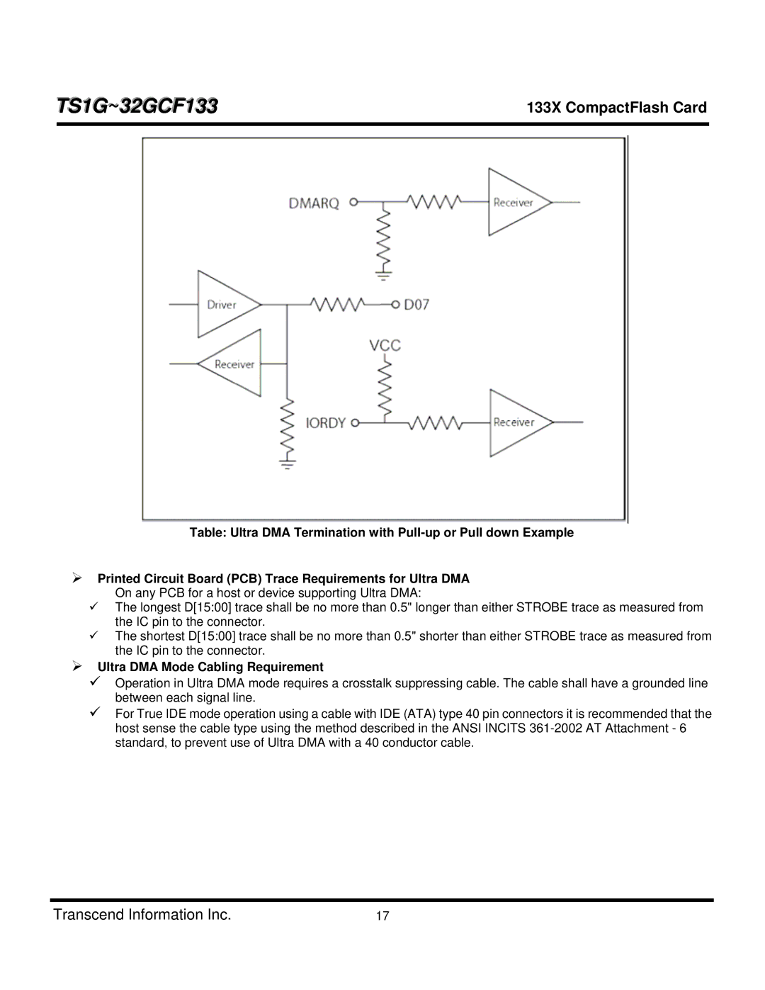 Transcend Information TS16GCF133, TS4GCF133, TS8GCF133, TS1GCF133, CF 133X, TS32GCF133 Ultra DMA Mode Cabling Requirement 