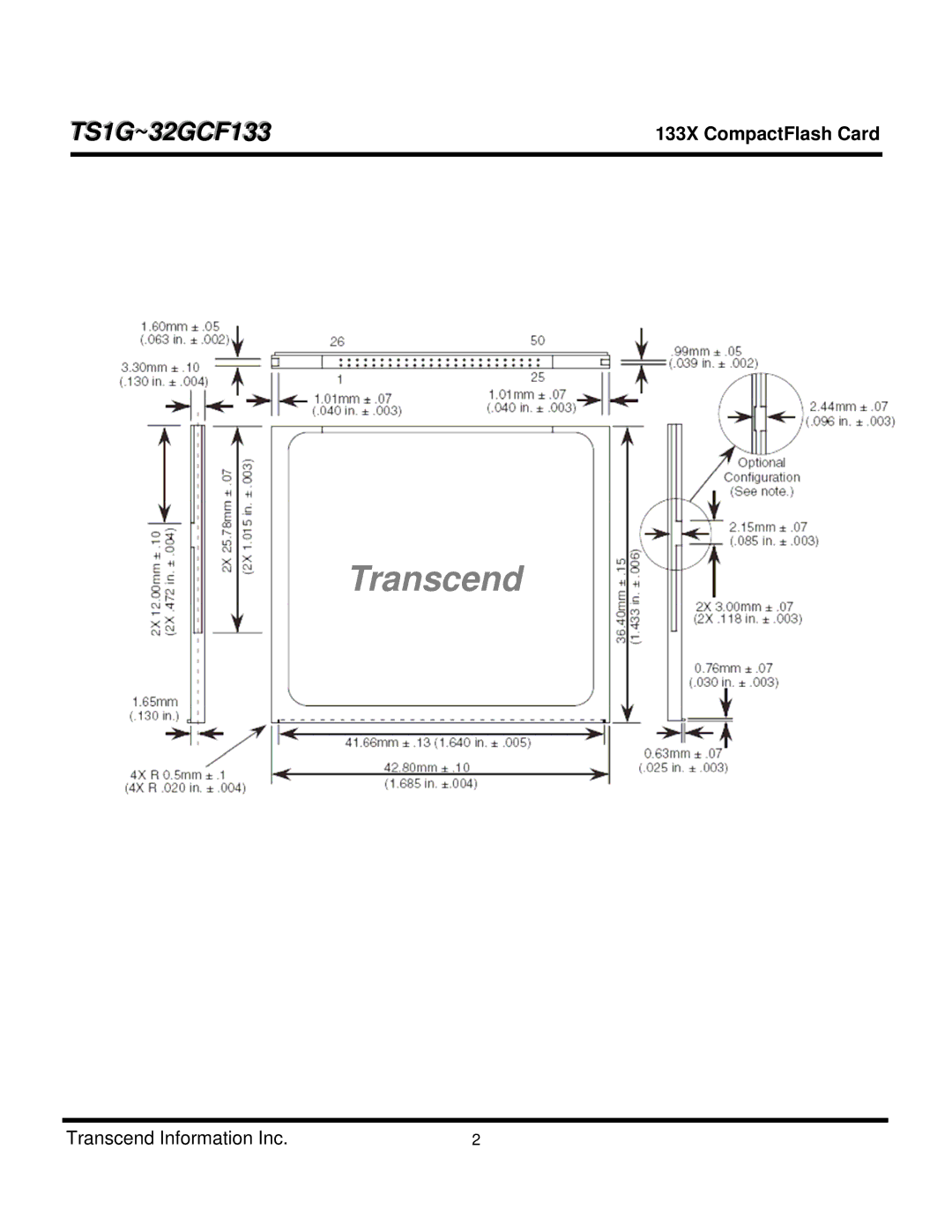 Transcend Information TS1GCF133, TS4GCF133, TS8GCF133, TS16GCF133, CF 133X, TS32GCF133, TS2GCF133 dimensions Transcend 