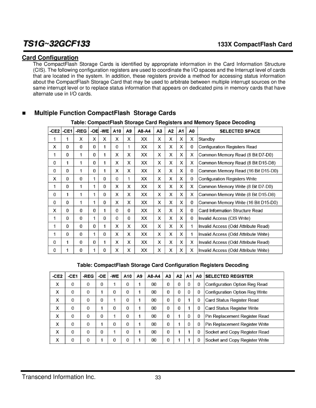 Transcend Information TS32GCF133, TS4GCF133, TS8GCF133 Card Configuration, Multiple Function CompactFlash Storage Cards 