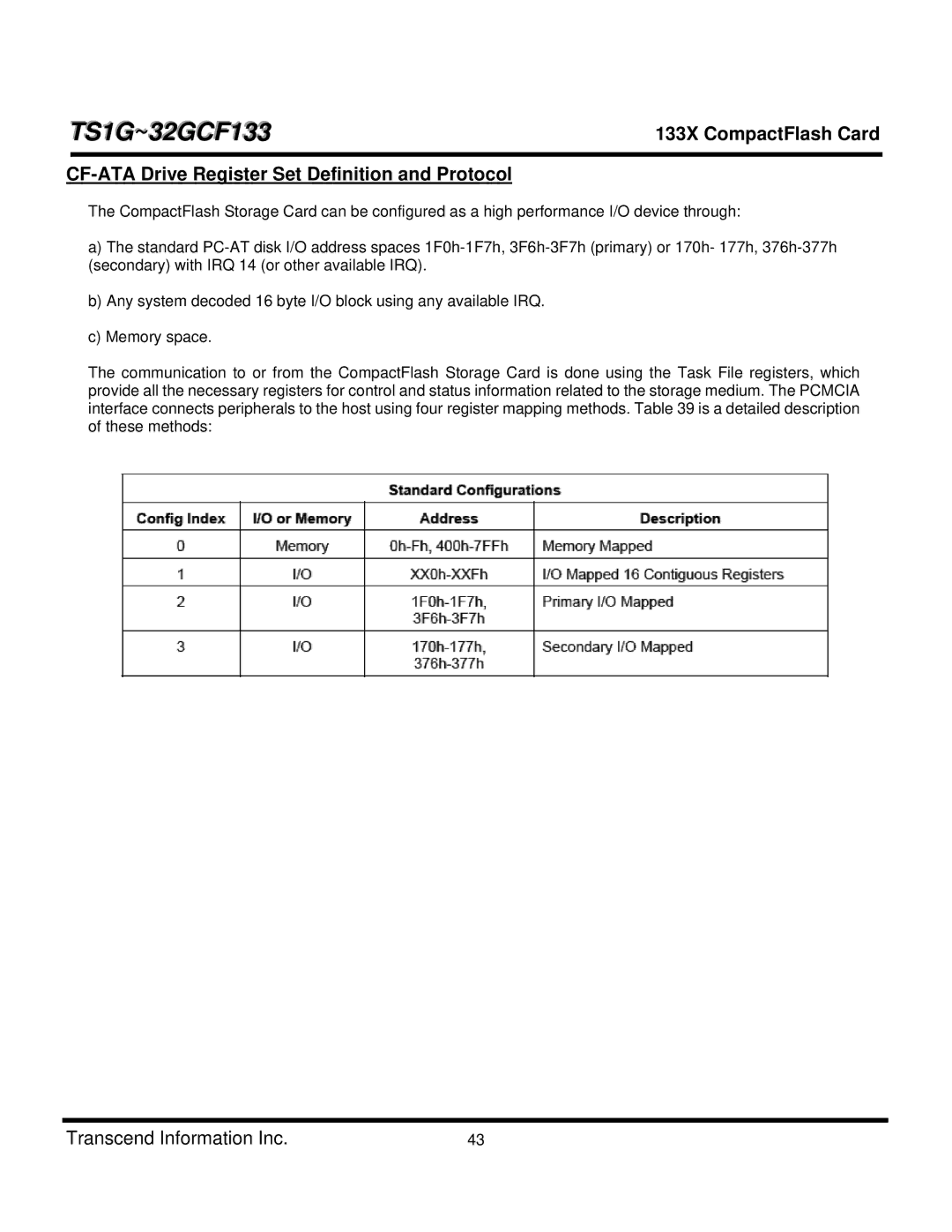 Transcend Information TS8GCF133, TS4GCF133, TS1GCF133, TS16GCF133, CF 133X CF-ATA Drive Register Set Definition and Protocol 