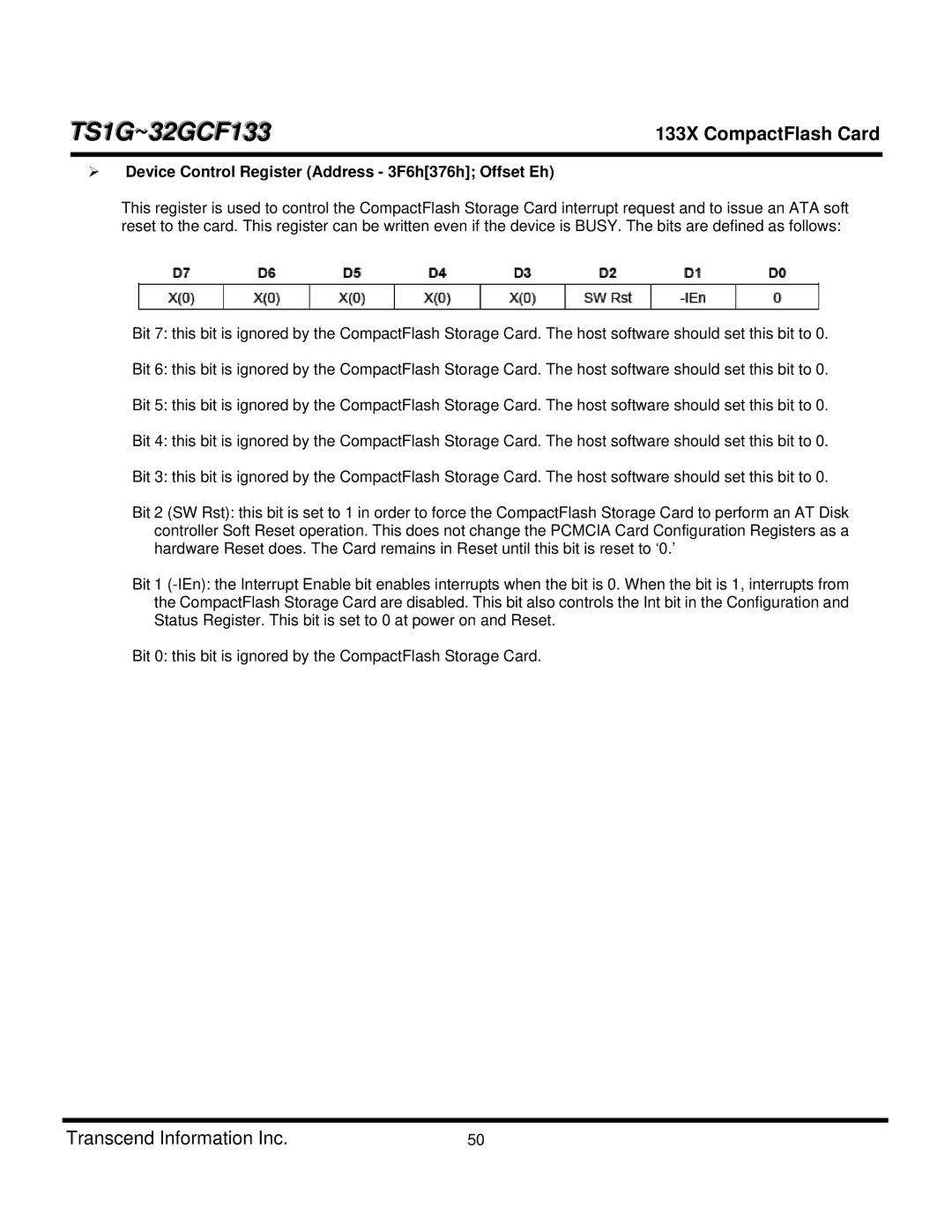 Transcend Information TS8GCF133, TS4GCF133, TS1GCF133, TS16GCF133, CF 133X Device Control Register Address 3F6h376h Offset Eh 