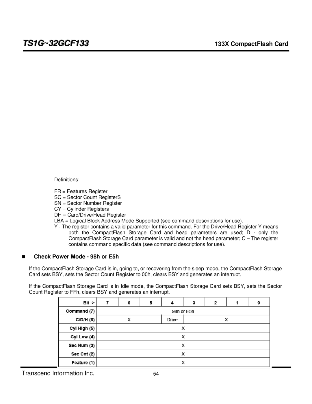 Transcend Information TS32GCF133, TS4GCF133, TS8GCF133, TS1GCF133, TS16GCF133, CF 133X, TS2GCF133 Check Power Mode 98h or E5h 