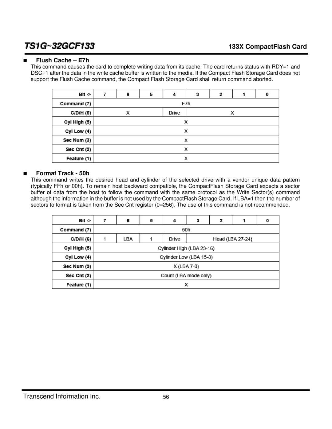 Transcend Information TS4GCF133, TS8GCF133, TS1GCF133, TS16GCF133, CF 133X, TS32GCF133 Flush Cache E7h, Format Track 50h 