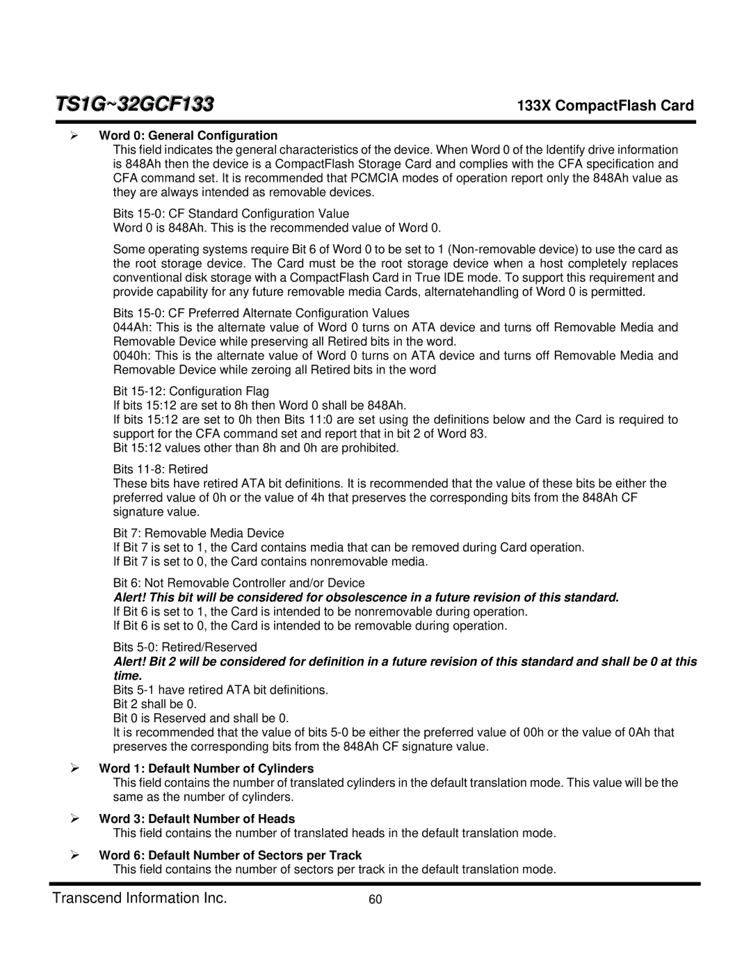 Transcend Information CF 133X, TS4GCF133, TS8GCF133 Word 0 General Configuration, Word 1 Default Number of Cylinders 