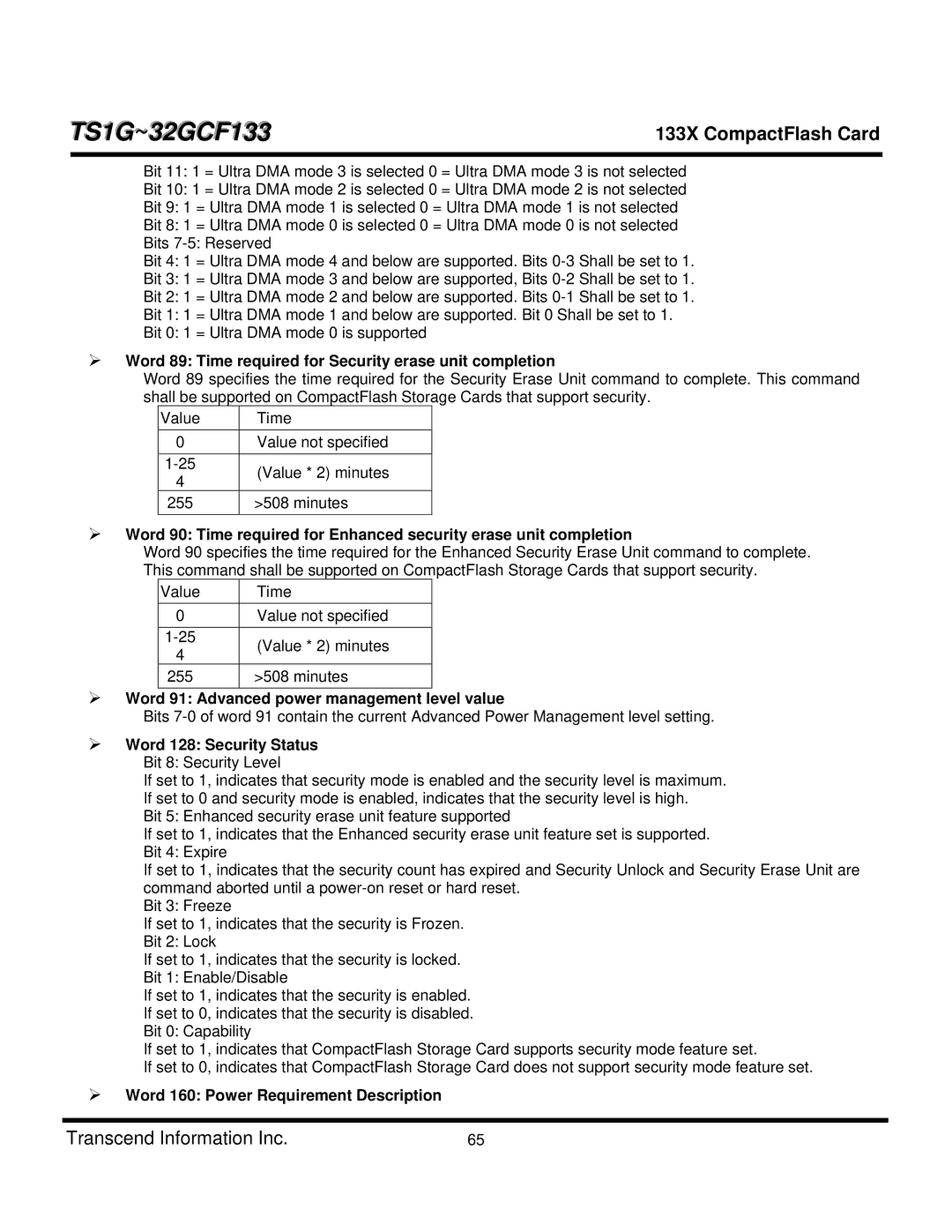 Transcend Information TS1GCF133 Word 89 Time required for Security erase unit completion, Word 128 Security Status 