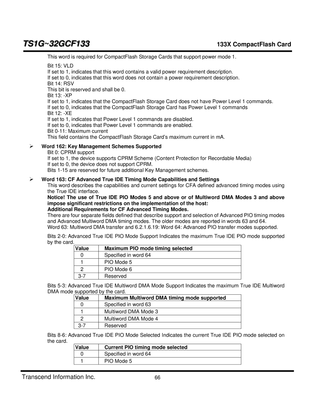 Transcend Information TS16GCF133 Word 162 Key Management Schemes Supported, Value Maximum PIO mode timing selected 