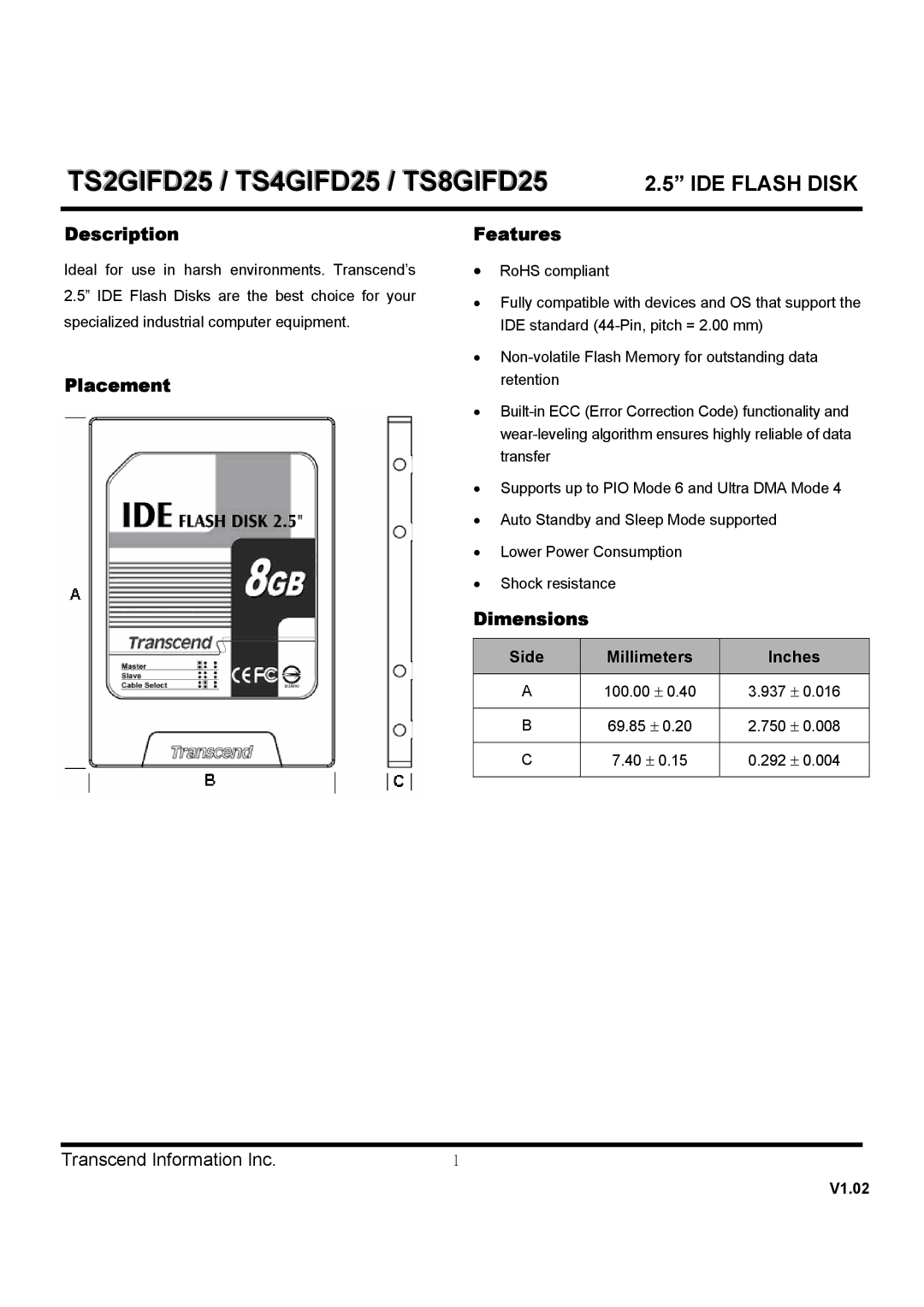 Transcend Information TS2GIFD25, TS4GIFD25, TS8GIFD25 dimensions Description, Placement Features, Dimensions, V1.02 