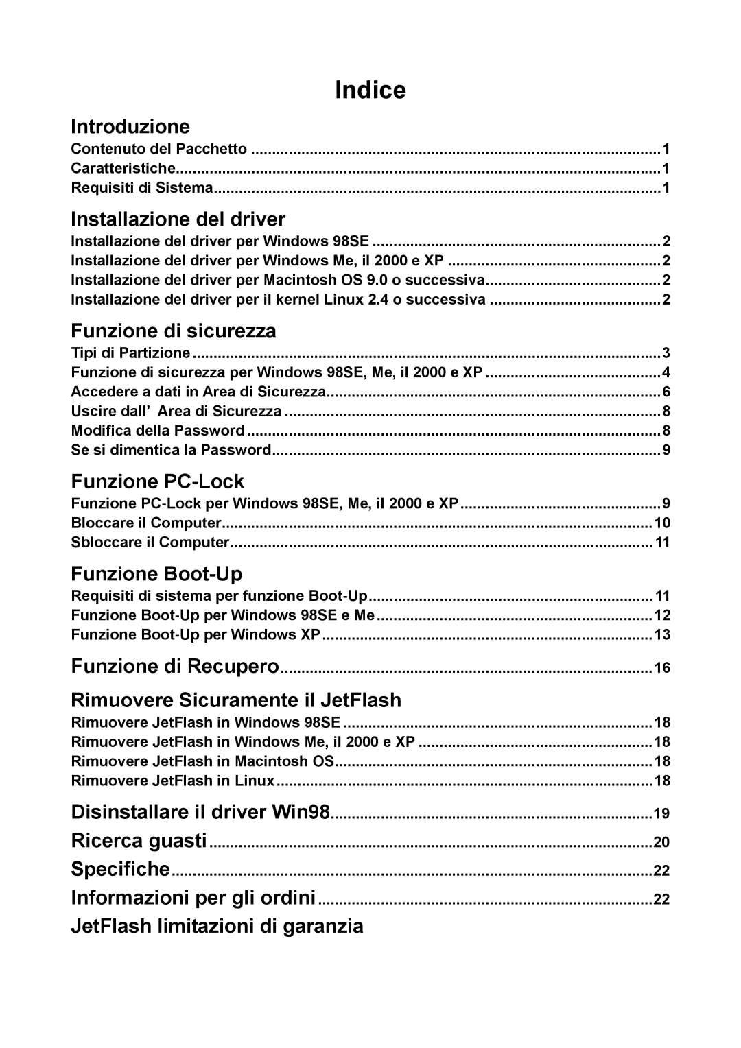 Transcend Information TS32M-2GJF2B manual Introduzione, Installazione del driver, Funzione di sicurezza, Funzione PC-Lock 