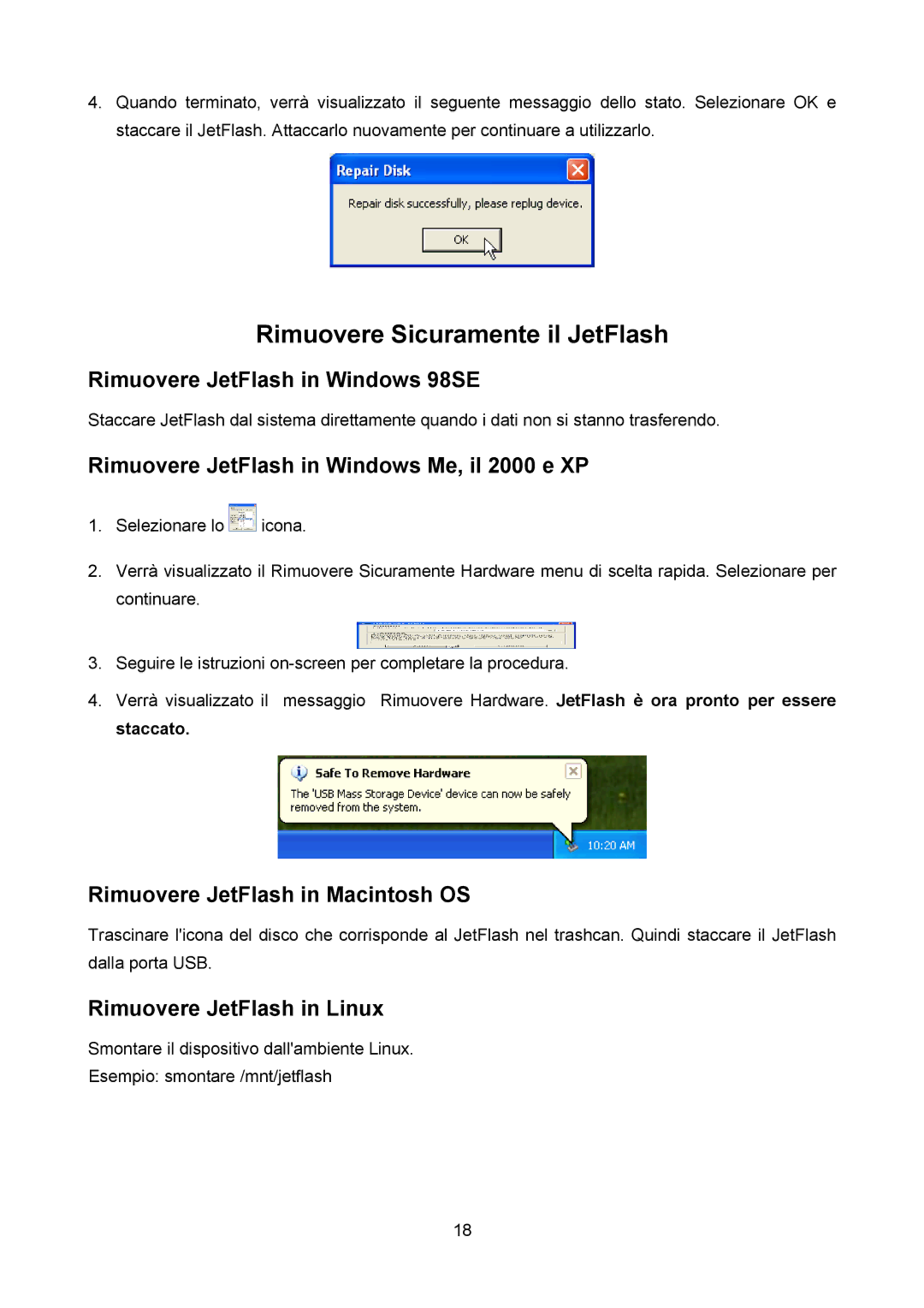 Transcend Information TS32M-2GJF2B Rimuovere JetFlash in Windows 98SE, Rimuovere JetFlash in Windows Me, il 2000 e XP 