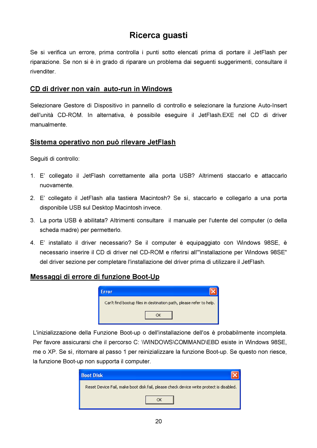 Transcend Information TS64M-512MJF2L, TS4GJF2C, TS32M-2GJF2B manual Ricerca guasti, CD di driver non vain auto-run in Windows 