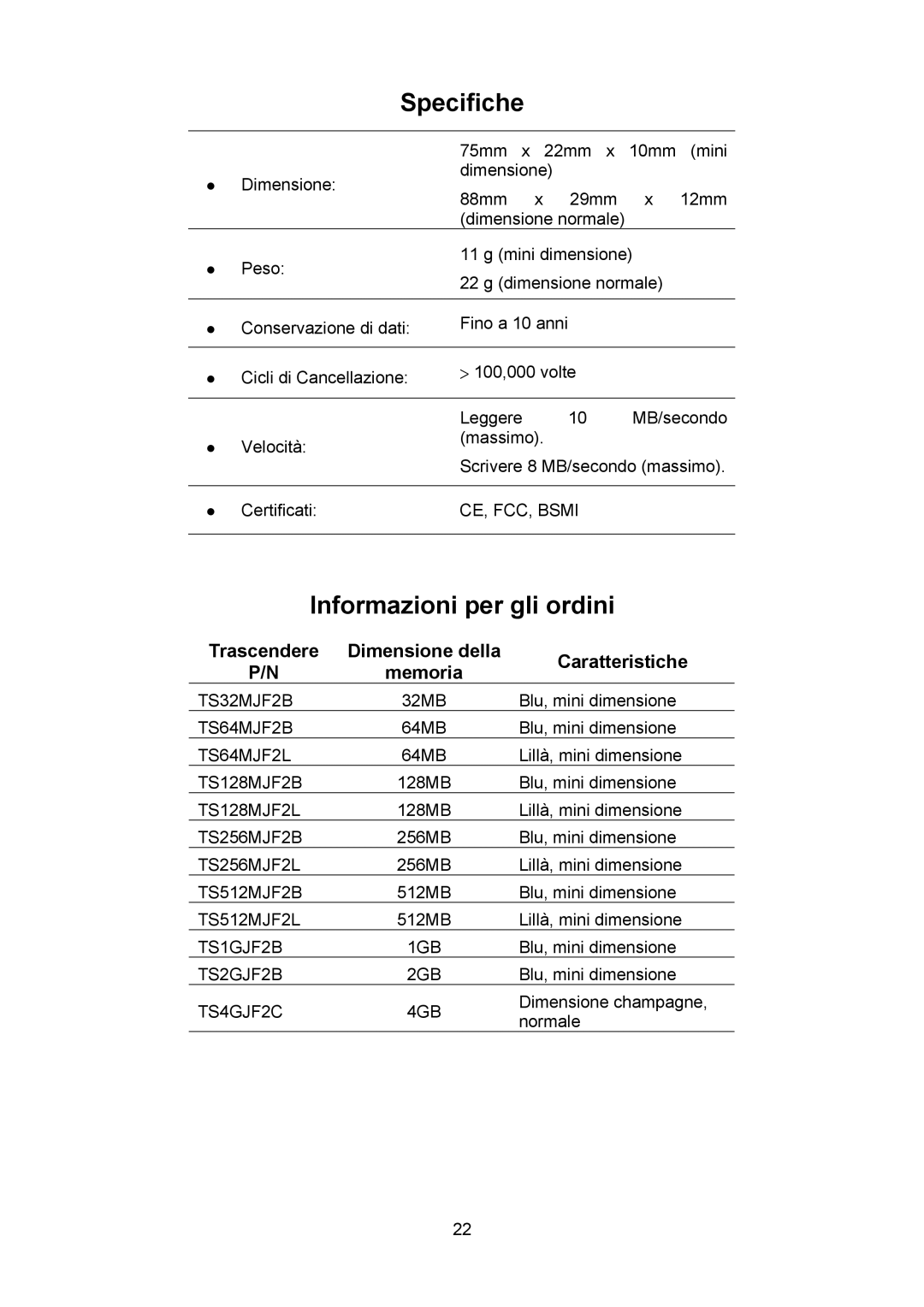 Transcend Information TS4GJF2C, TS64M-512MJF2L, TS32M-2GJF2B manual Specifiche, Informazioni per gli ordini 