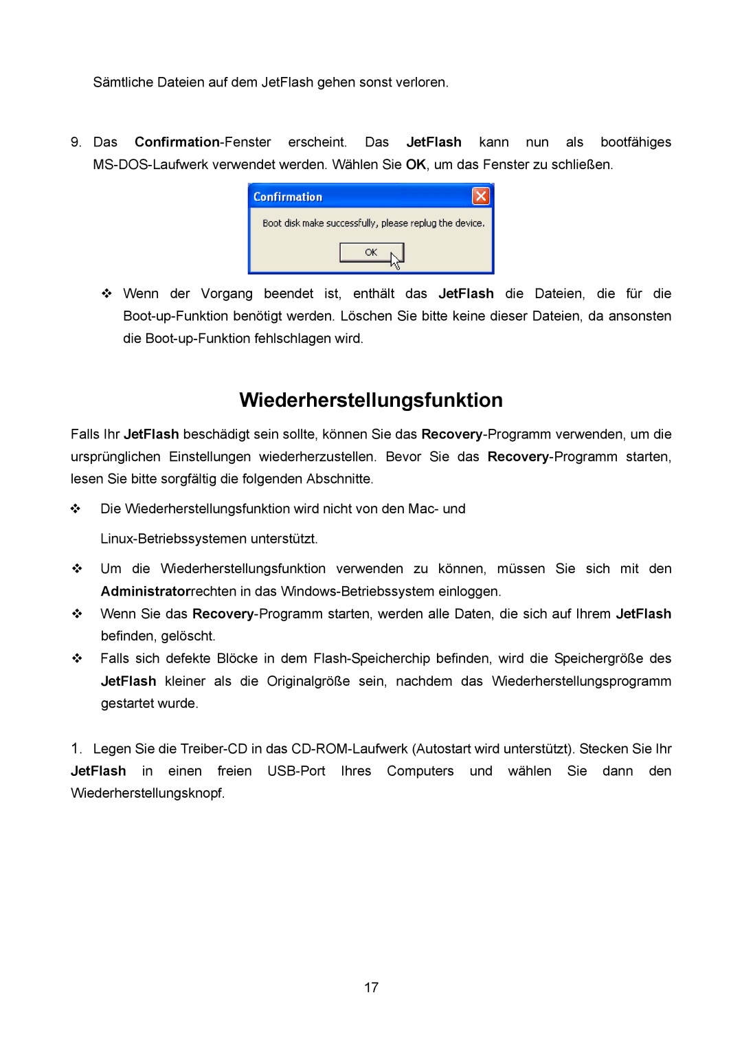 Transcend Information TS64M-512MJF2L, TS4GJF2C, TS32M-2GJF2B manual Wiederherstellungsfunktion 