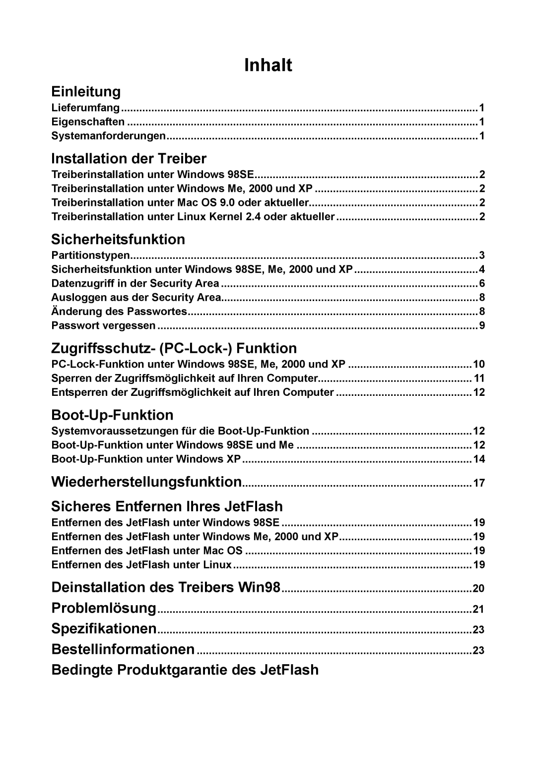 Transcend Information TS32M-2GJF2B, TS4GJF2C Einleitung, Installation der Treiber, Sicherheitsfunktion, Boot-Up-Funktion 