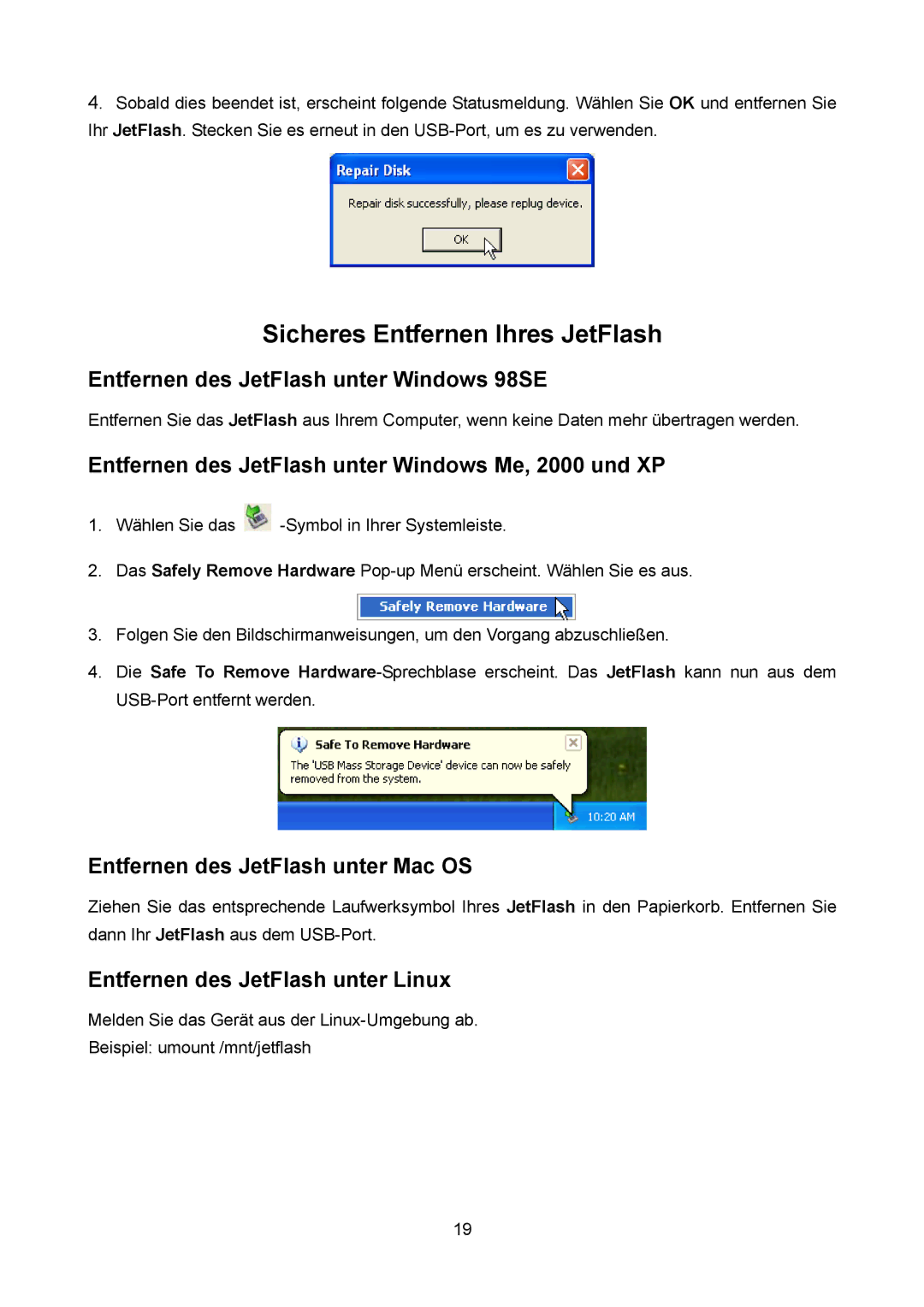 Transcend Information TS4GJF2C manual Entfernen des JetFlash unter Windows 98SE, Entfernen des JetFlash unter Mac OS 