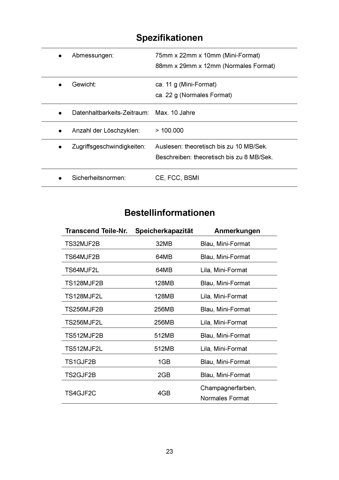 Transcend Information TS64M-512MJF2L, TS4GJF2C, TS32M-2GJF2B manual Spezifikationen, Bestellinformationen 