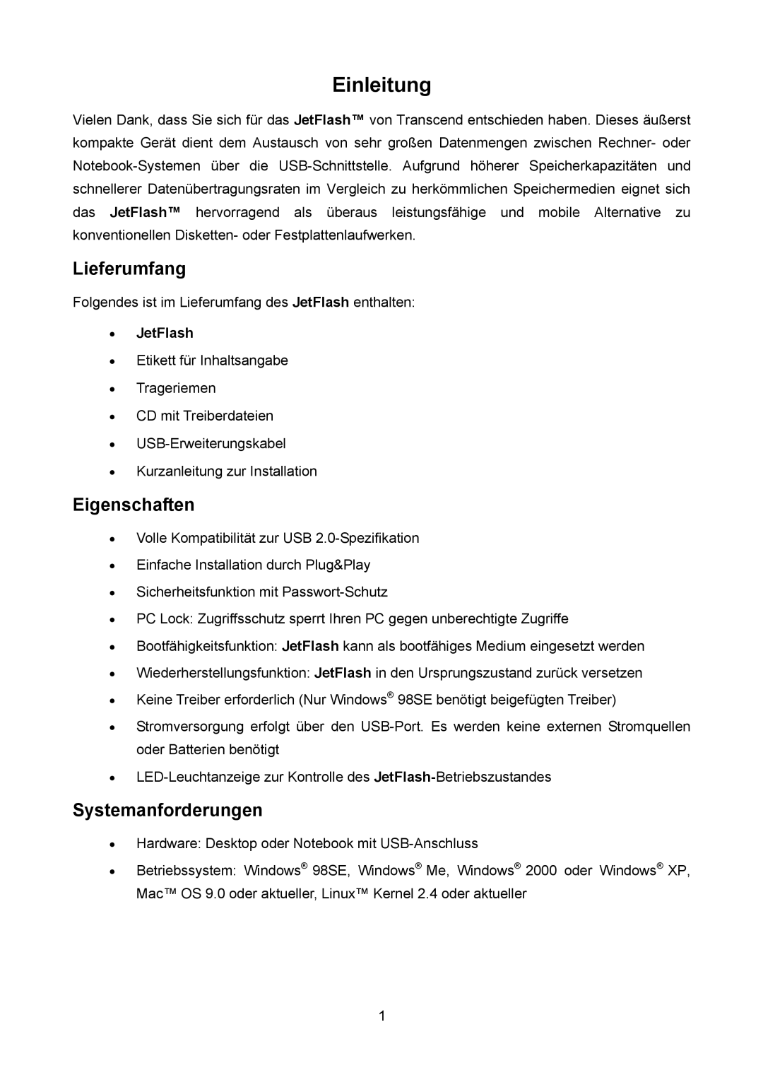 Transcend Information TS4GJF2C, TS64M-512MJF2L, TS32M-2GJF2B manual Lieferumfang, Eigenschaften, Systemanforderungen 