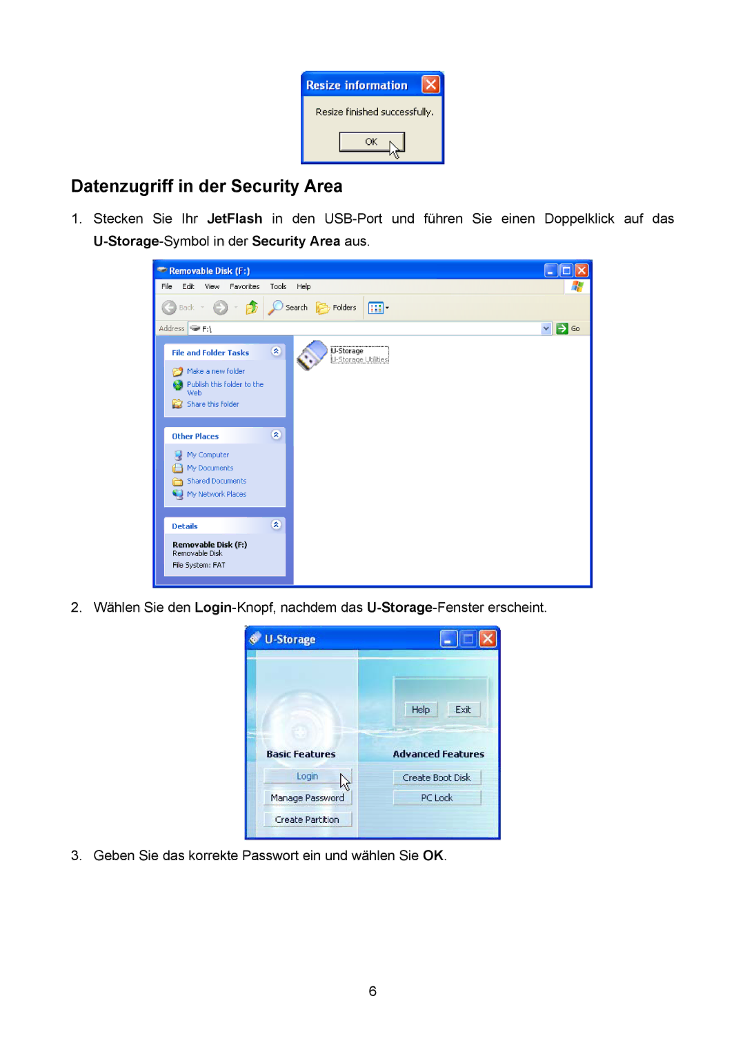 Transcend Information TS32M-2GJF2B, TS4GJF2C, TS64M-512MJF2L manual Datenzugriff in der Security Area 