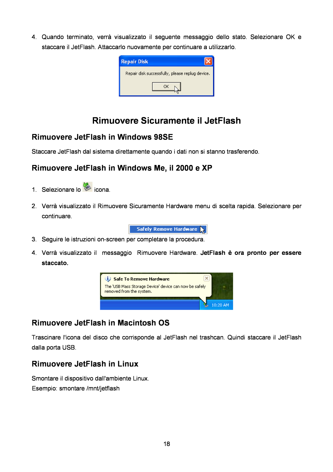 Transcend Information TS32M-2GJF2B Rimuovere JetFlash in Windows 98SE, Rimuovere JetFlash in Windows Me, il 2000 e XP 