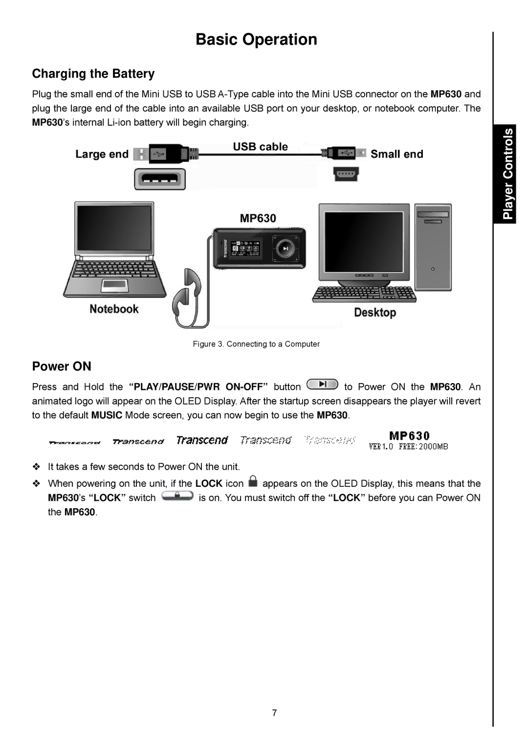 Transcend Information TS2GMP630, TS4GMP630 user manual Basic Operation, Charging the Battery, Power on 