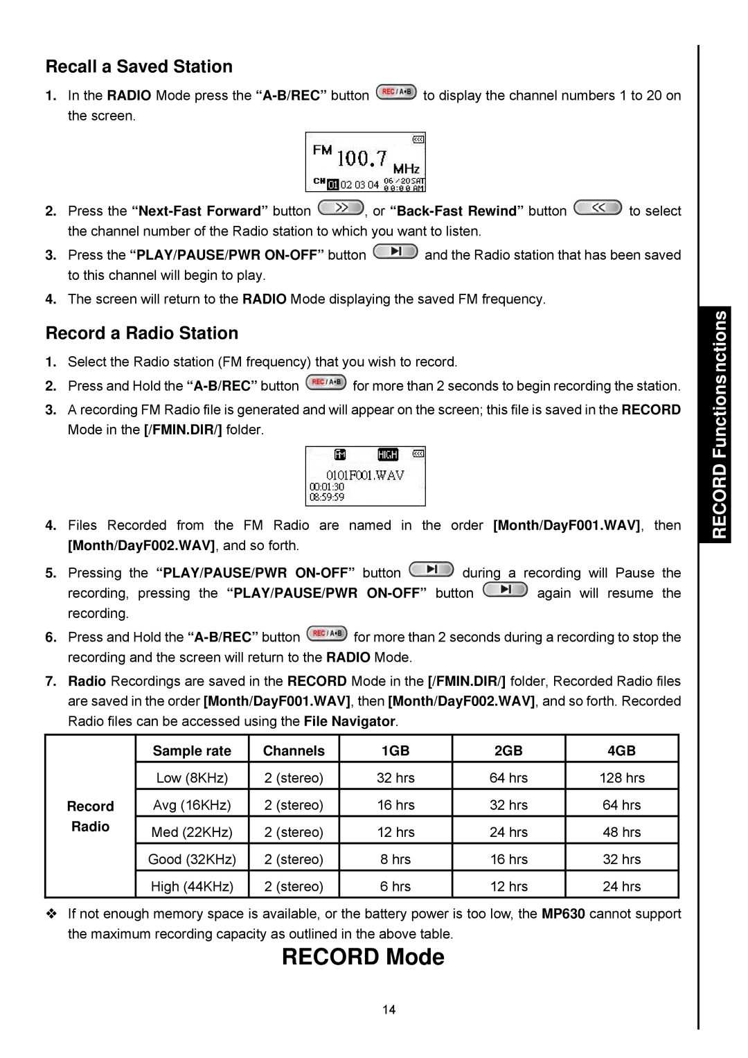 Transcend Information TS4GMP630, TS2GMP630 user manual Record Mode, Recall a Saved Station, Record a Radio Station 