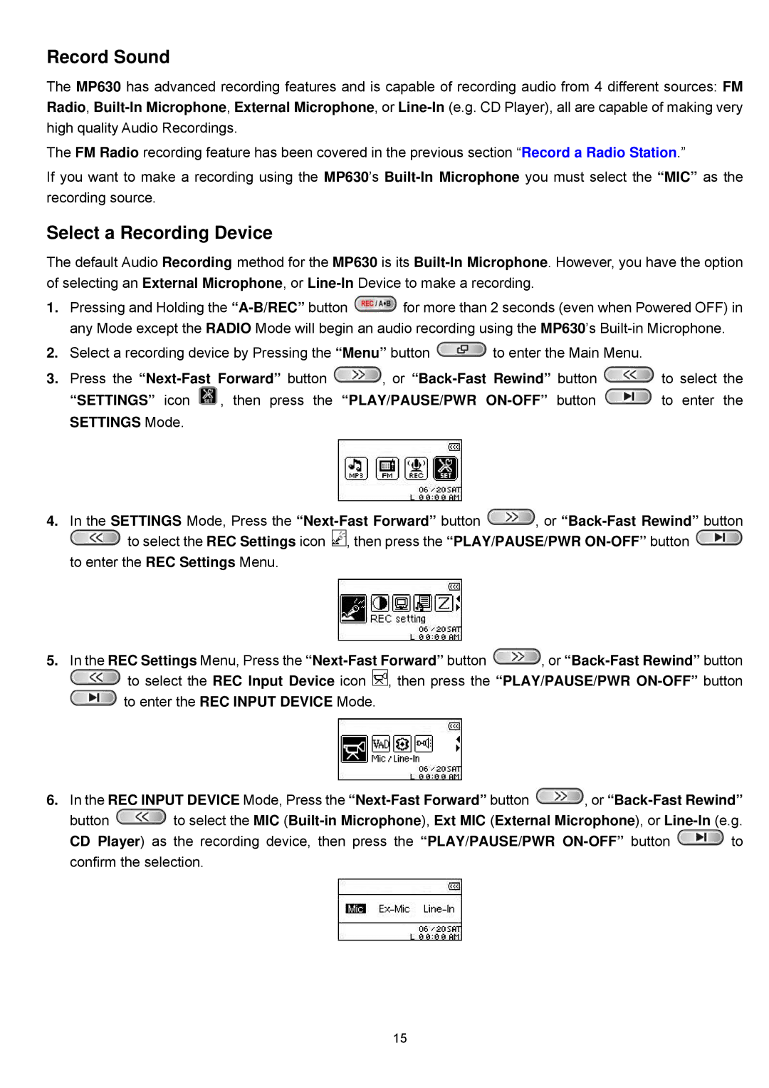 Transcend Information TS4GMP630, TS2GMP630 user manual Record Sound, Select a Recording Device 