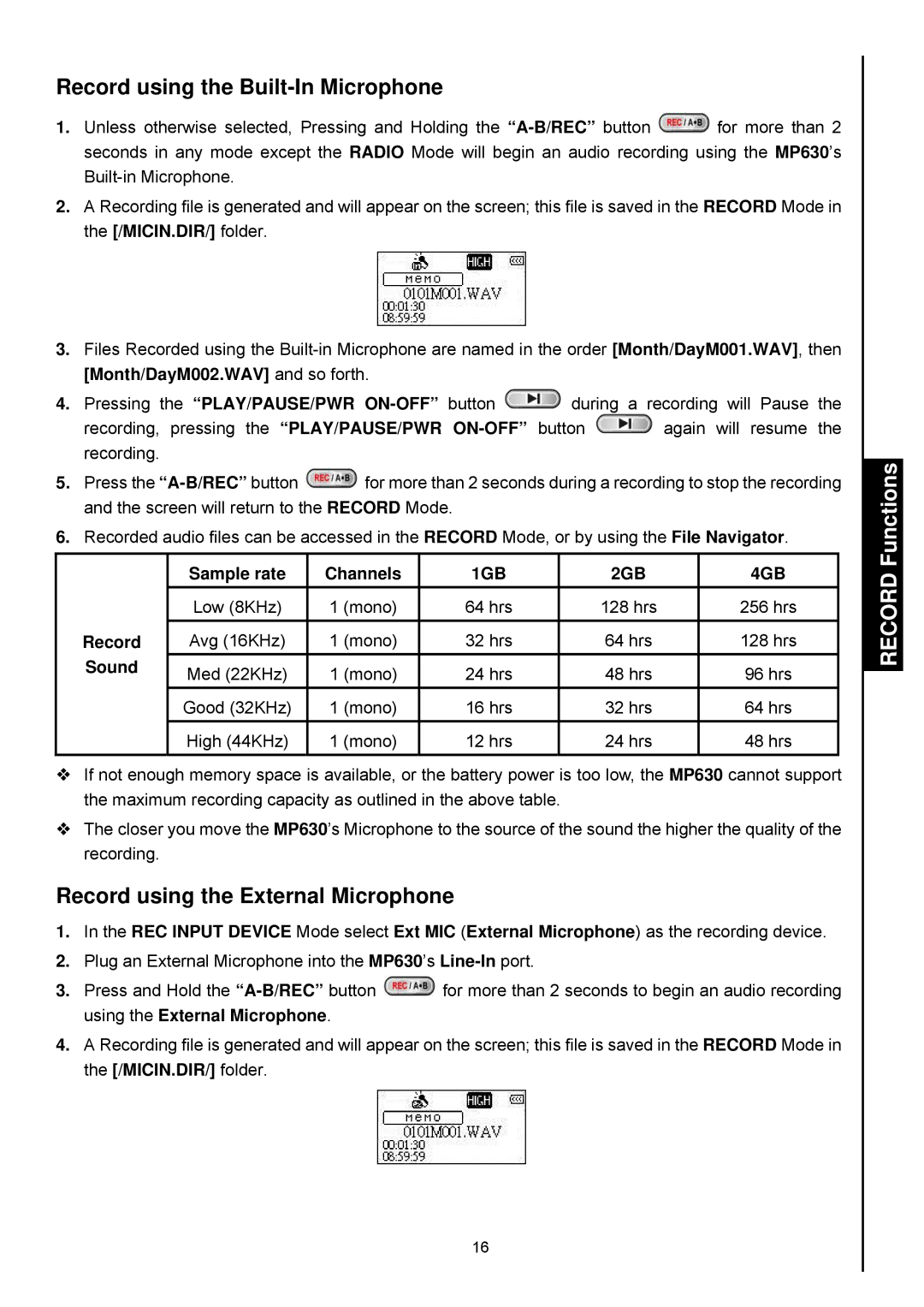 Transcend Information TS2GMP630, TS4GMP630 Record using the Built-In Microphone, Record using the External Microphone 