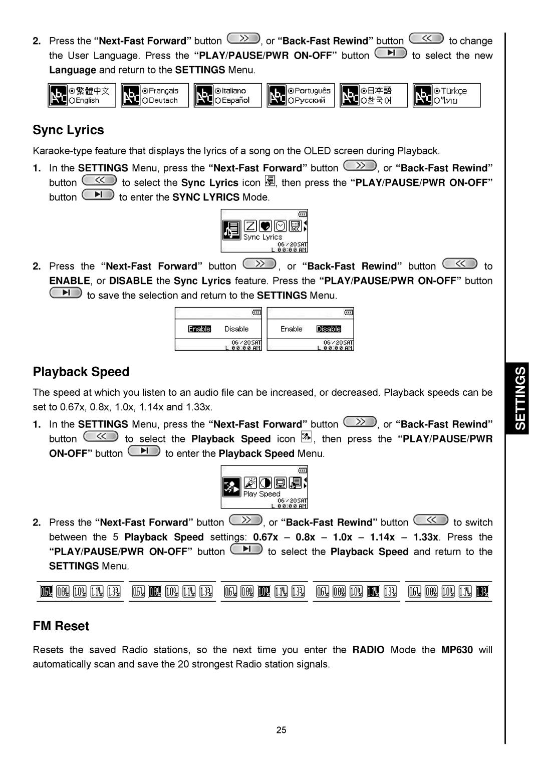 Transcend Information TS2GMP630, TS4GMP630 user manual Sync Lyrics, Playback Speed, FM Reset 