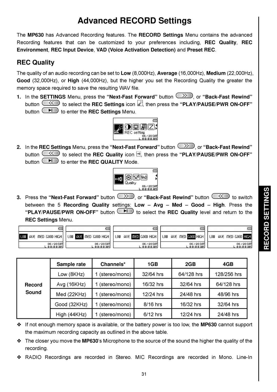 Transcend Information TS2GMP630, TS4GMP630 user manual Advanced Record Settings, REC Quality 