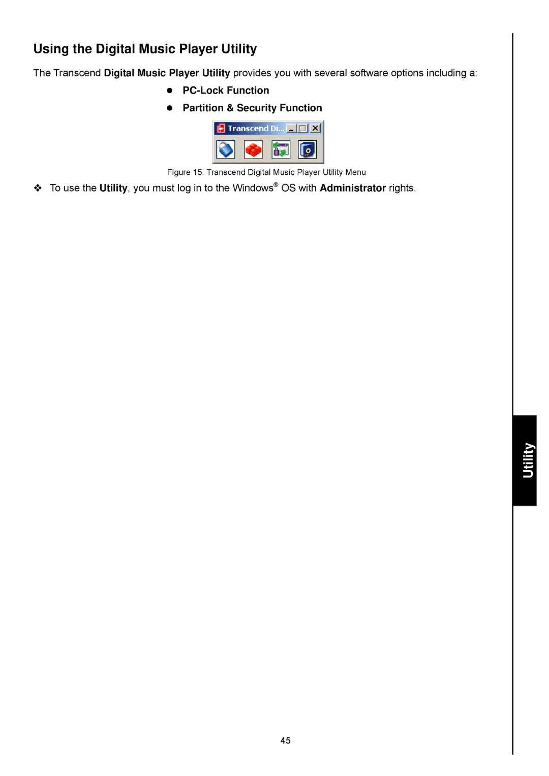 Transcend Information TS4GMP630 Using the Digital Music Player Utility, Transcend Digital Music Player Utility Menu 