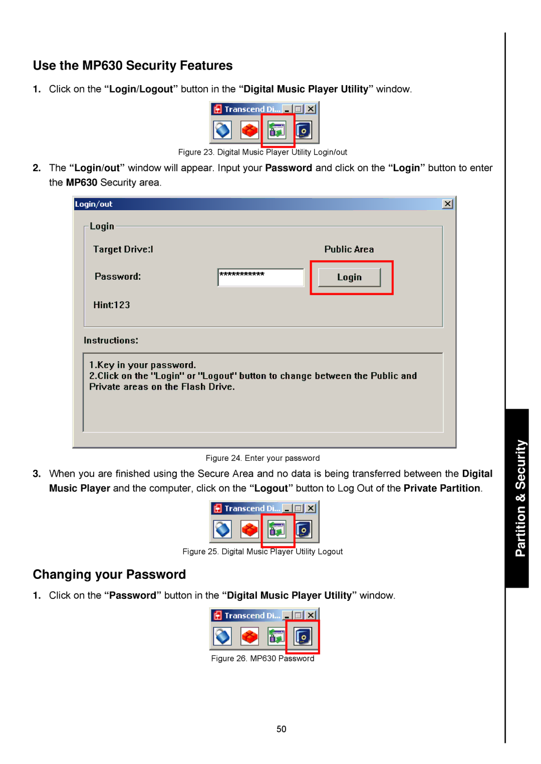 Transcend Information TS4GMP630, TS2GMP630 user manual Use the MP630 Security Features, Changing your Password 