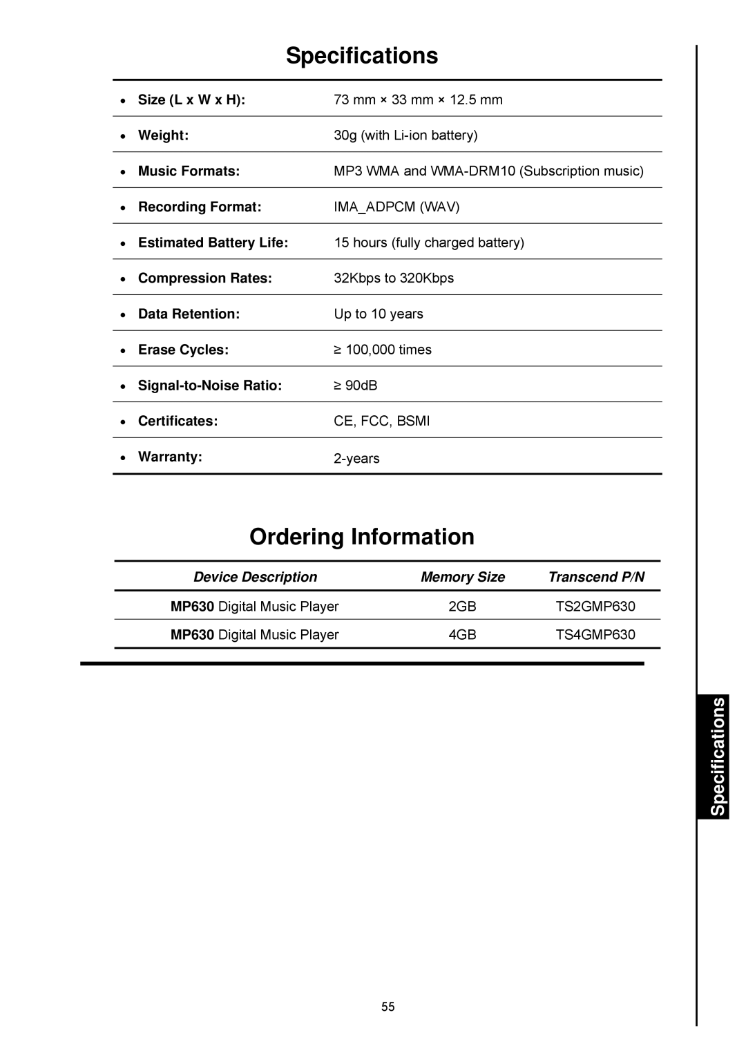 Transcend Information TS2GMP630, TS4GMP630 user manual Specifications, Ordering Information 