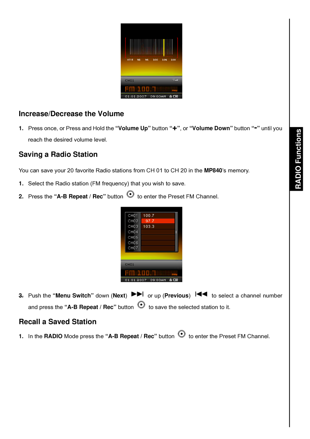 Transcend Information TS2GMP840, TS4GMP840 Increase/Decrease the Volume, Saving a Radio Station, Recall a Saved Station 