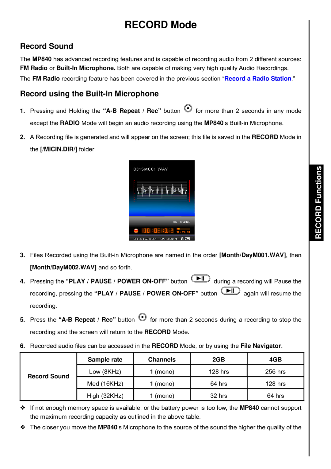 Transcend Information TS8GMP840 Record Mode, Record Sound, Record using the Built-In Microphone, Record Functions 