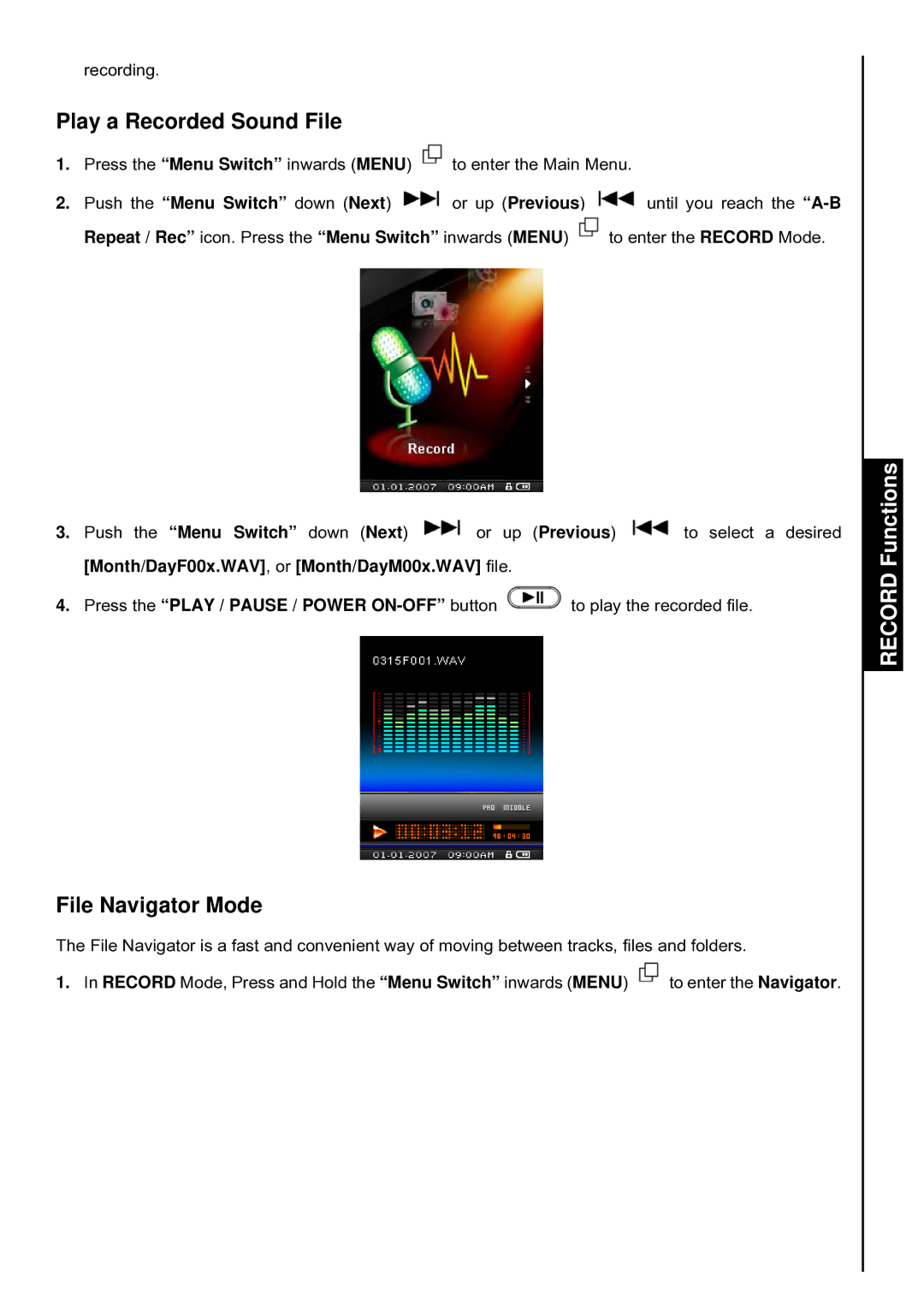 Transcend Information TS2GMP840, TS4GMP840, TS8GMP840 user manual Play a Recorded Sound File, File Navigator Mode 