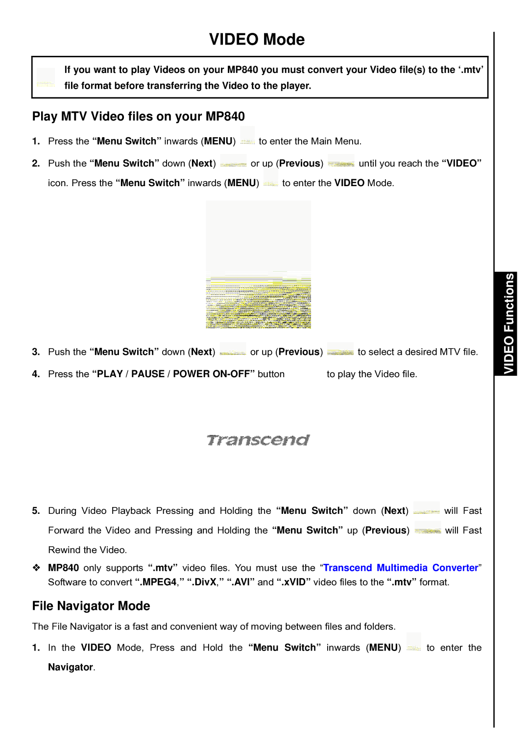 Transcend Information TS8GMP840, TS4GMP840, TS2GMP840 Video Mode, Play MTV Video files on your MP840, Video Functions 