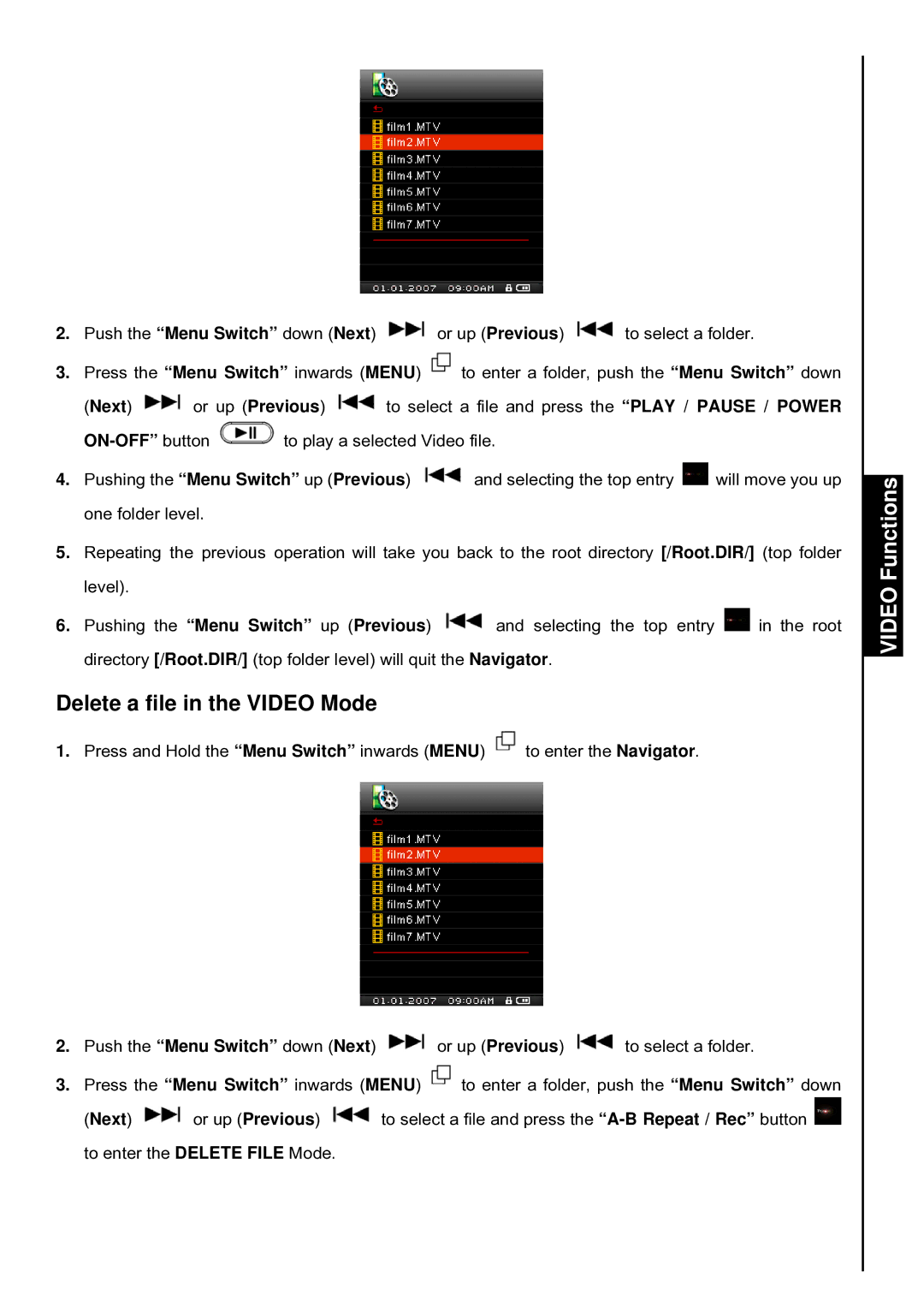 Transcend Information TS2GMP840, TS4GMP840, TS8GMP840 user manual Delete a file in the Video Mode 