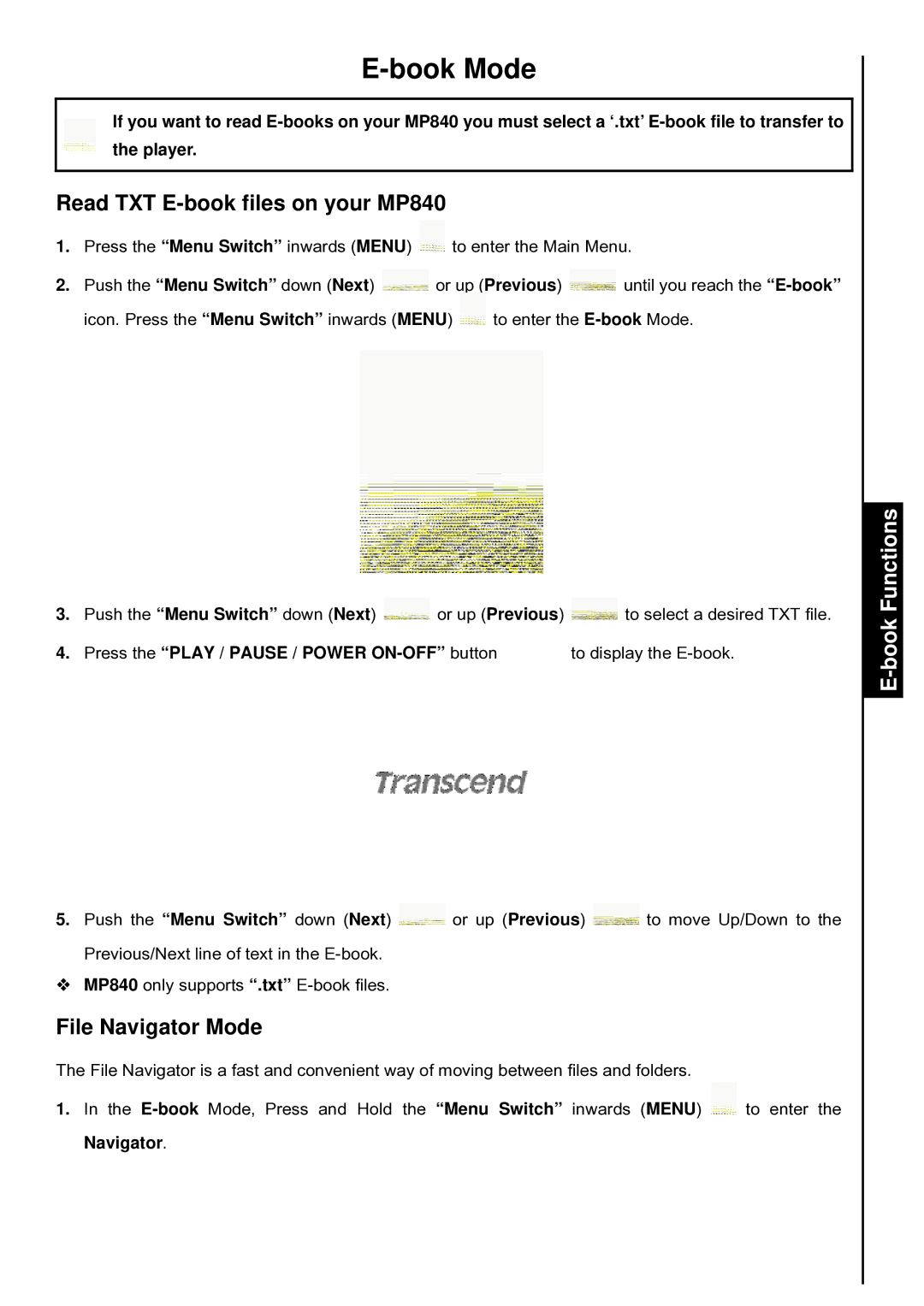 Transcend Information TS4GMP840, TS8GMP840, TS2GMP840 Book Mode, Read TXT E-book files on your MP840, BookFunctions 