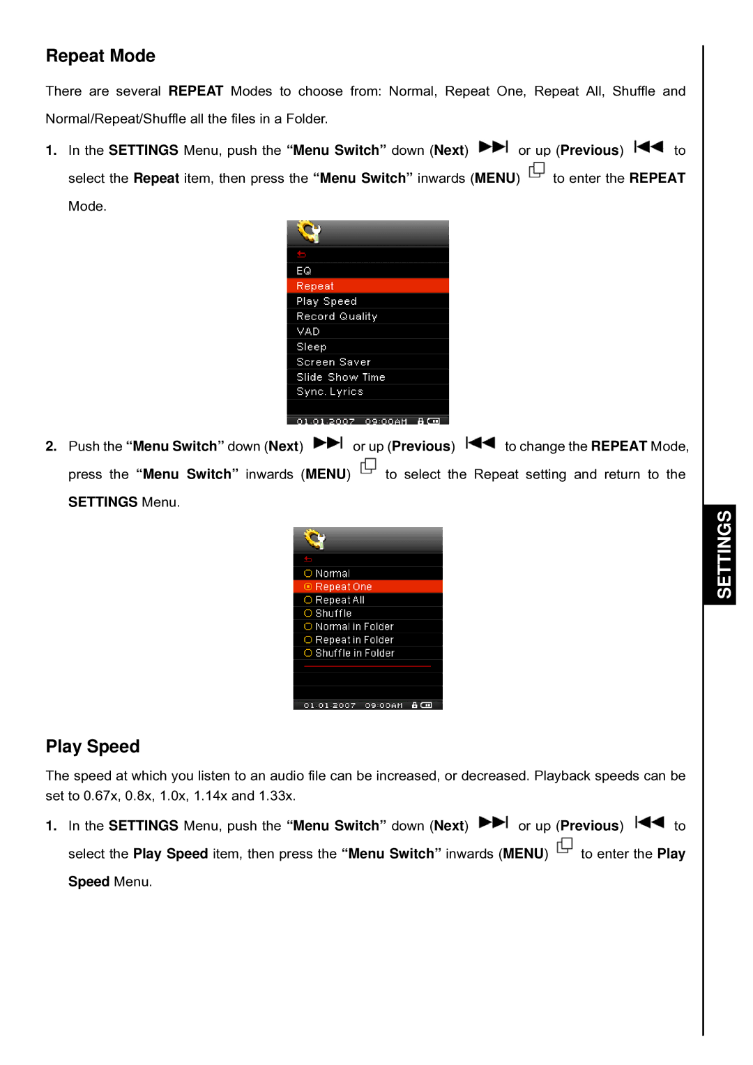 Transcend Information TS4GMP840, TS8GMP840, TS2GMP840 user manual Repeat Mode, Play Speed 