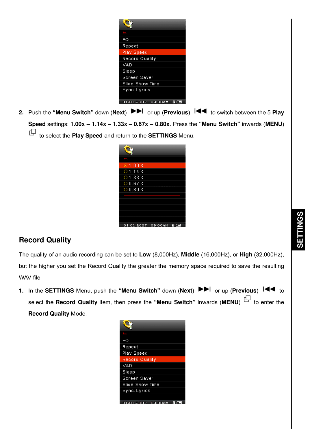 Transcend Information TS8GMP840, TS4GMP840, TS2GMP840 user manual Record Quality 