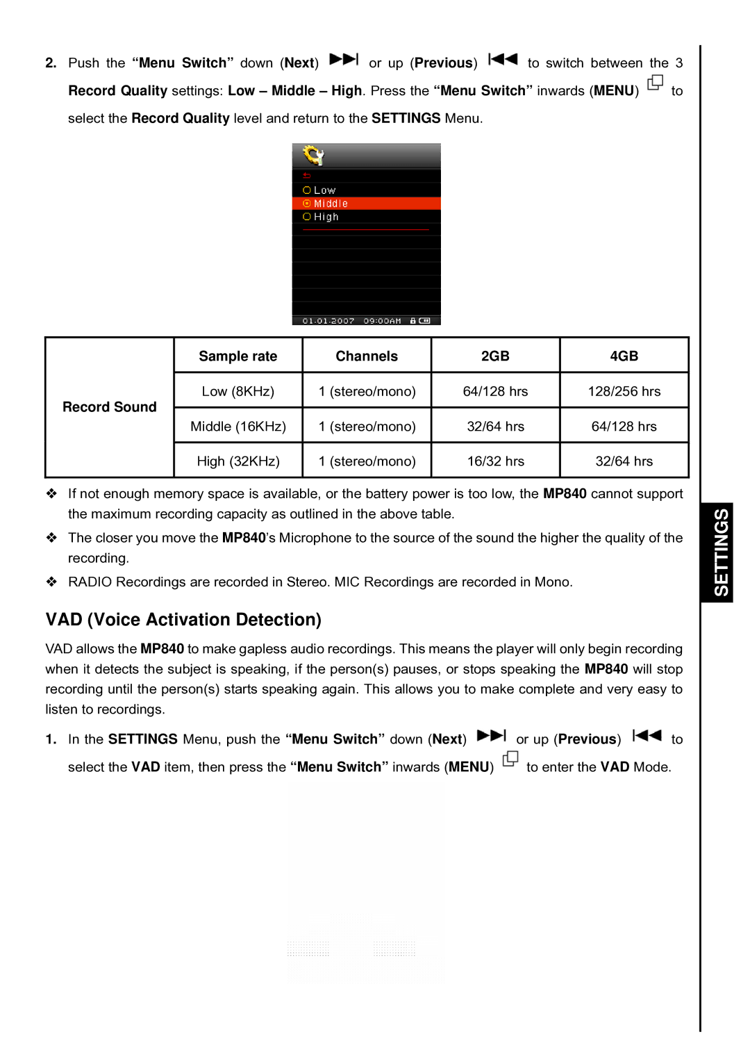 Transcend Information TS2GMP840, TS4GMP840, TS8GMP840 user manual VAD Voice Activation Detection 