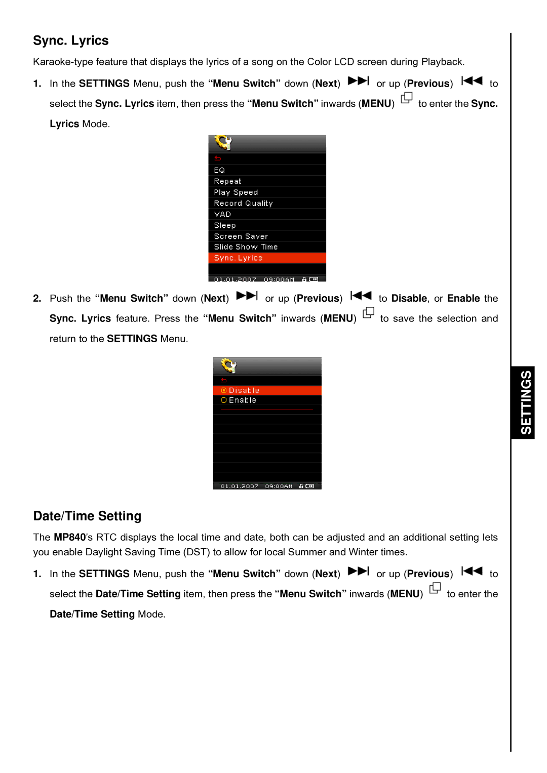 Transcend Information TS2GMP840, TS4GMP840, TS8GMP840 user manual Sync. Lyrics, Date/Time Setting 