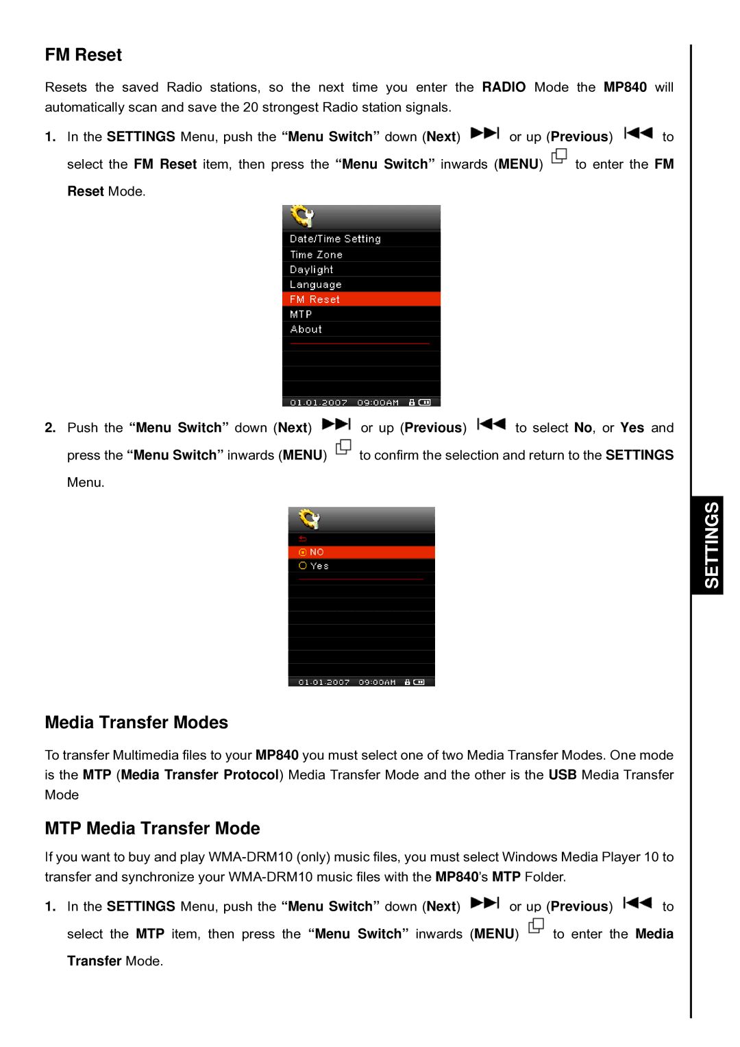 Transcend Information TS2GMP840, TS4GMP840, TS8GMP840 user manual FM Reset, Media Transfer Modes, MTP Media Transfer Mode 