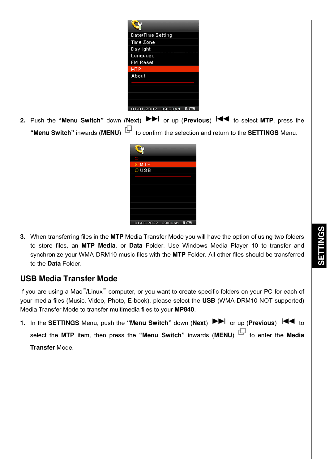 Transcend Information TS4GMP840, TS8GMP840, TS2GMP840 user manual USB Media Transfer Mode 