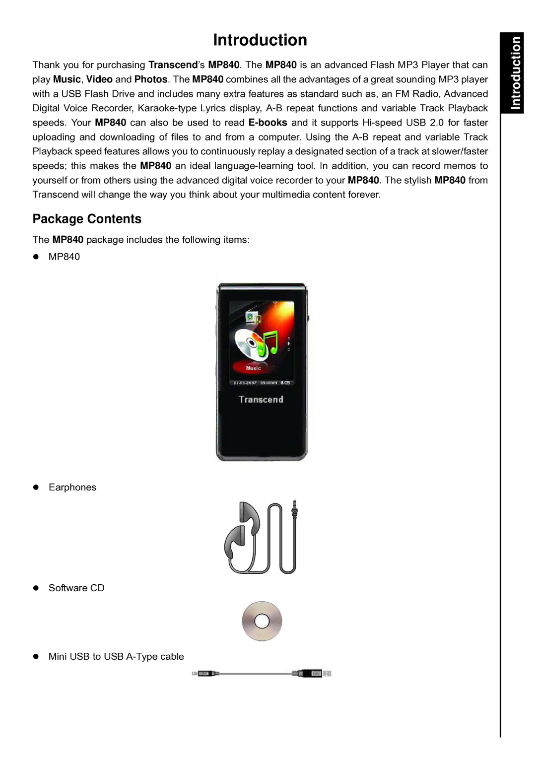 Transcend Information TS8GMP840, TS4GMP840, TS2GMP840 user manual Introduction, Package Contents 